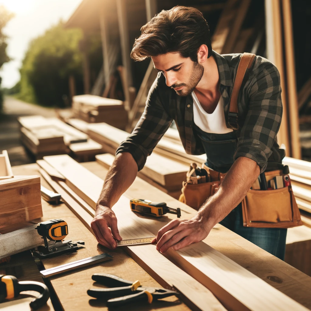 A skilled male carpenter at work in a construction site. He is measuring a piece of wood with a focused expression, capturing his expertise and dedication