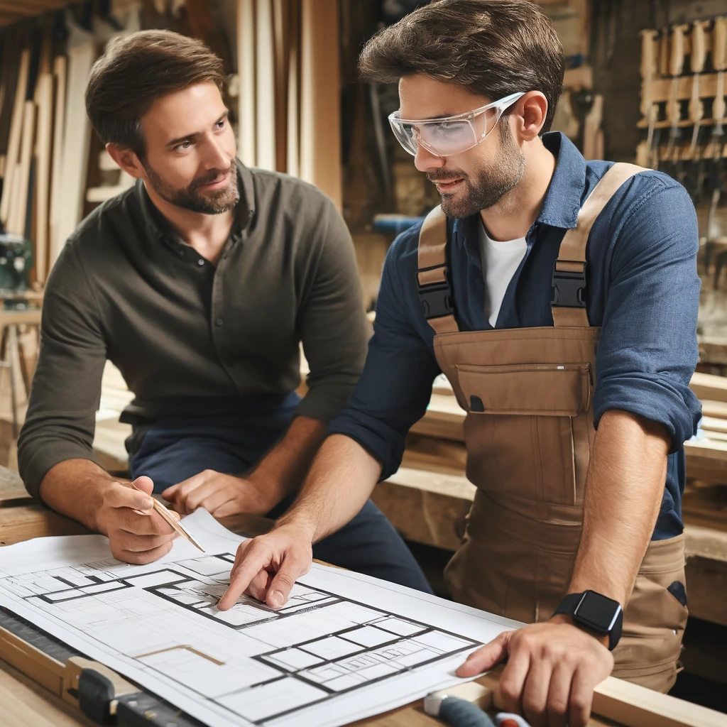 A professional carpenter discussing a wall panel design with a contractor in a workshop.