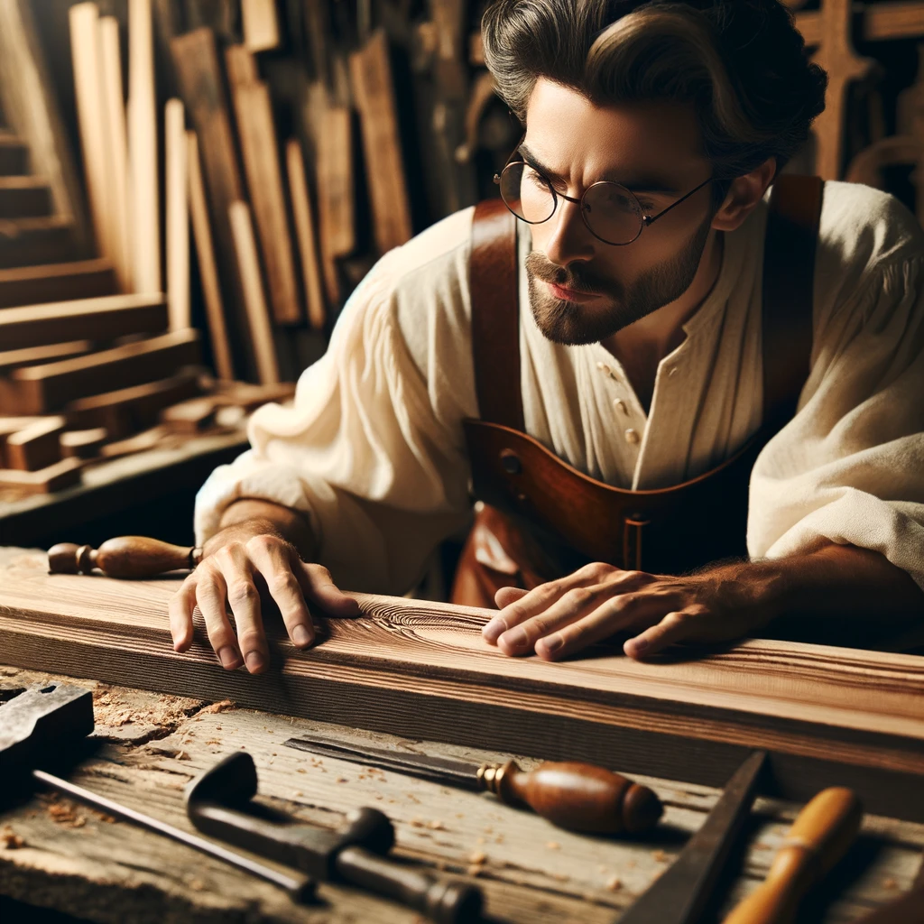 A finish carpenter examining the intricate grain of a wooden plank, reflecting deep concentration and appreciation for craftsmanship.