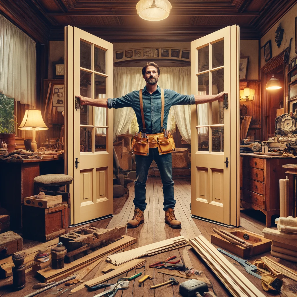 Illustrating a master carpenter holding a pair of French doors