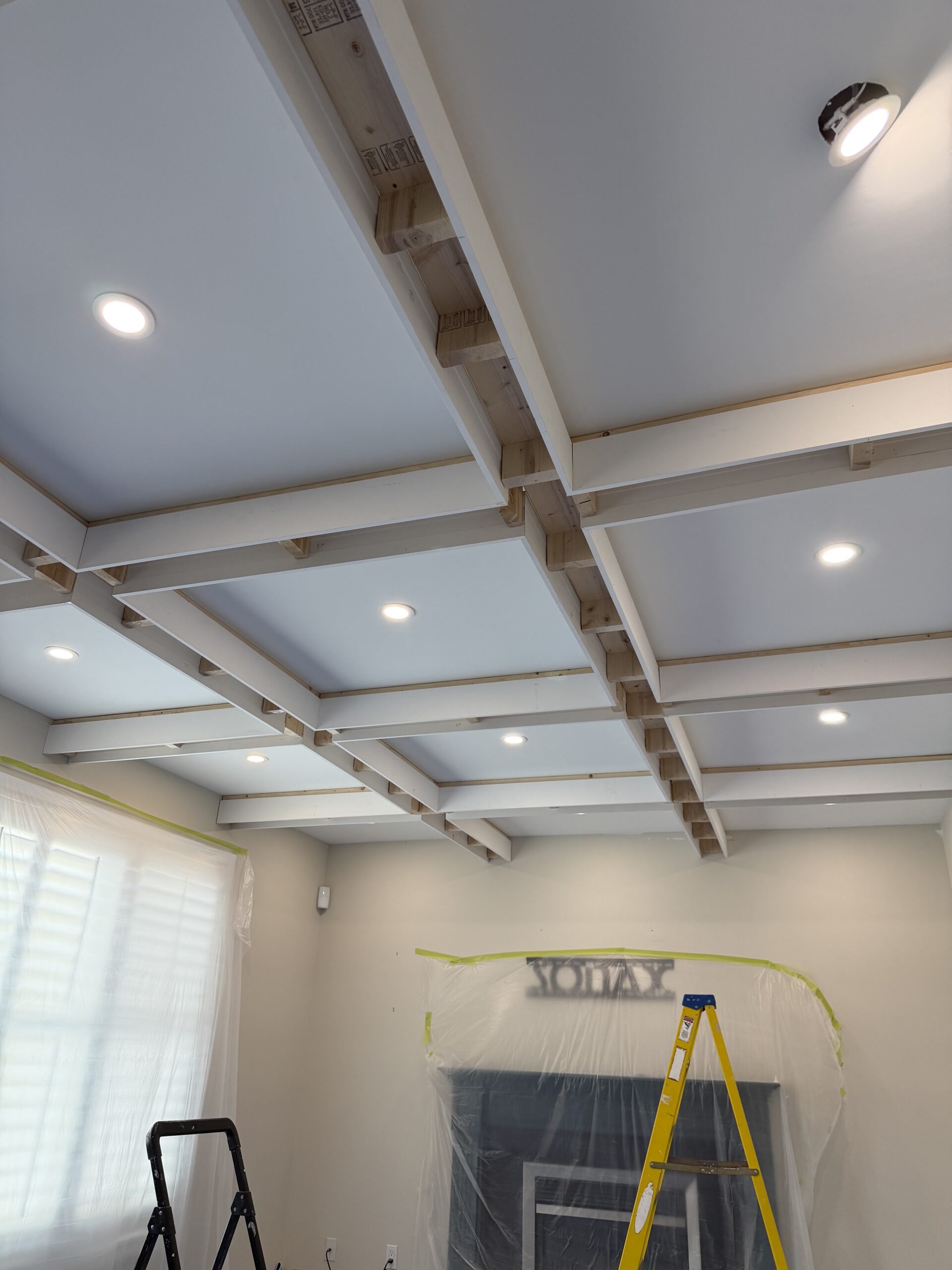 boxes installed for a coffered ceiling installation by a finish carpenter in Guelph